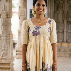 Elegant Hand-Painted Lotus Print Cotton Dress with Indigo Hem