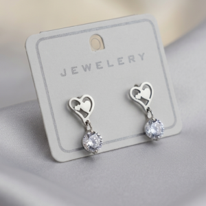 Silver Heart Drop Earrings with Crystals