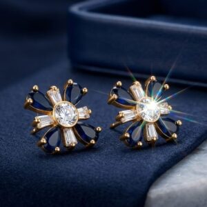 Sapphire Blue& Floral Burst Gold Earrings