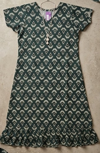 Green Printed V-Neck Flared Casual Dress