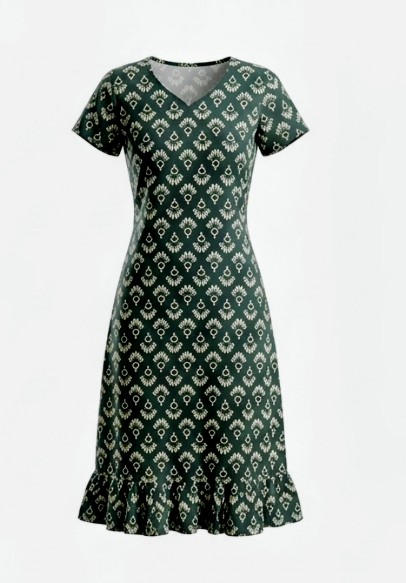 Green Printed V-Neck Flared Casual Dress - Image 4