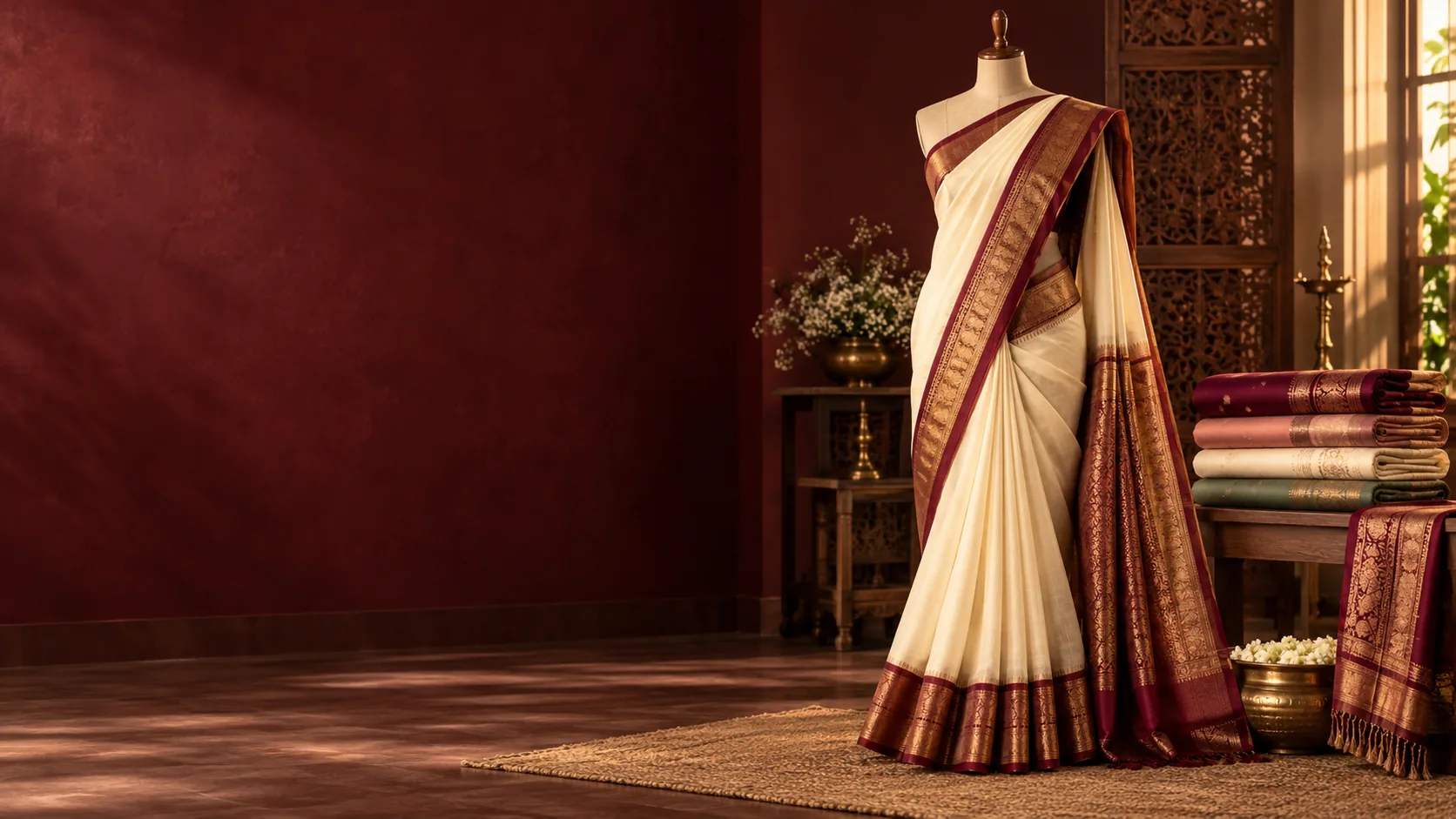 Ivory Kerala saree in a boutique setting