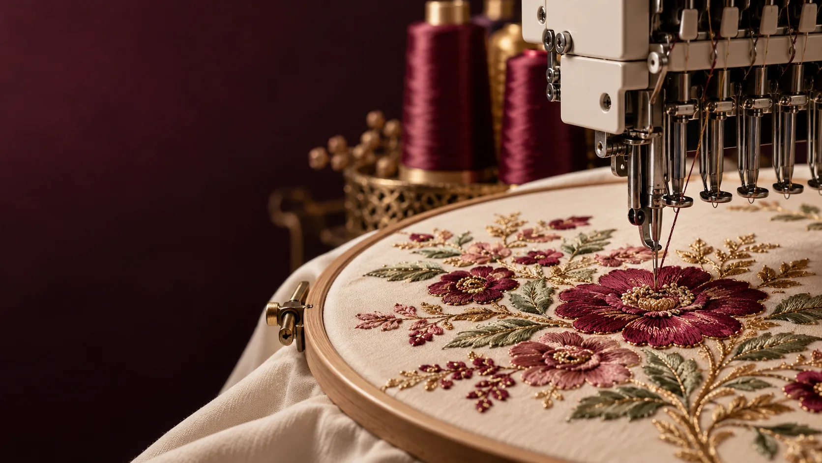 Floral machine embroidery on ivory fabric